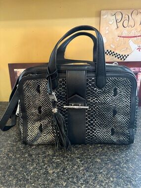 Aimee Kestenberg leather black and silver metallic satchel purse bag.